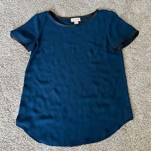 Loft XS blue and black shirt sleeve top, sheer with faux leather edge EUC